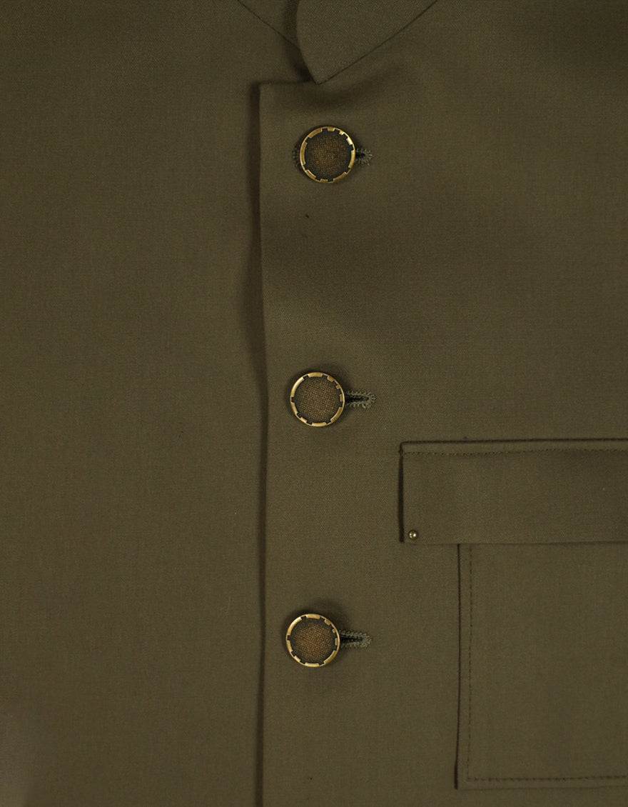 Blended Mehndi Green Waist Coat - J. Junaid Jamshed