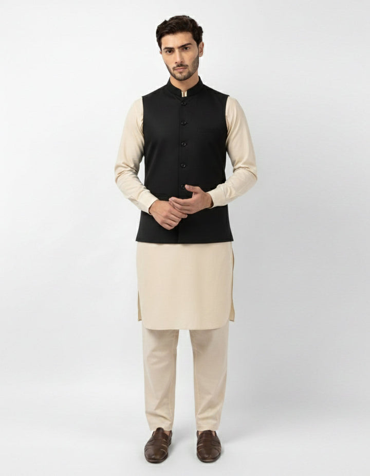 Blended Black Waist Coat - J. Junaid Jamshed