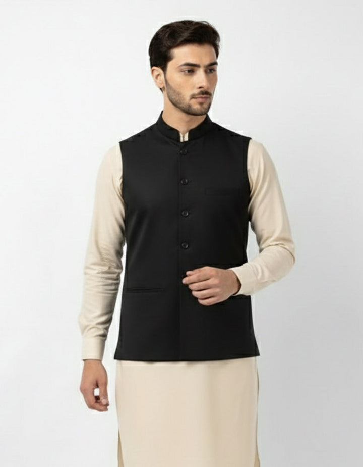 Blended Black Waist Coat - J. Junaid Jamshed