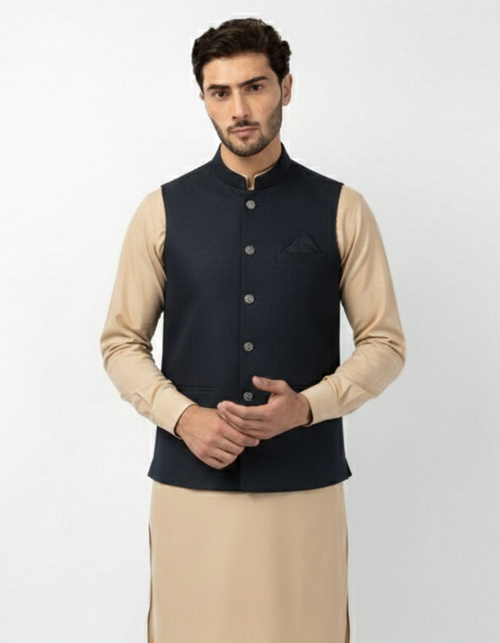 Blended Navy Blue Waist Coat - J. Junaid Jamshed