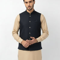Blended Navy Blue Waist Coat - J. Junaid Jamshed
