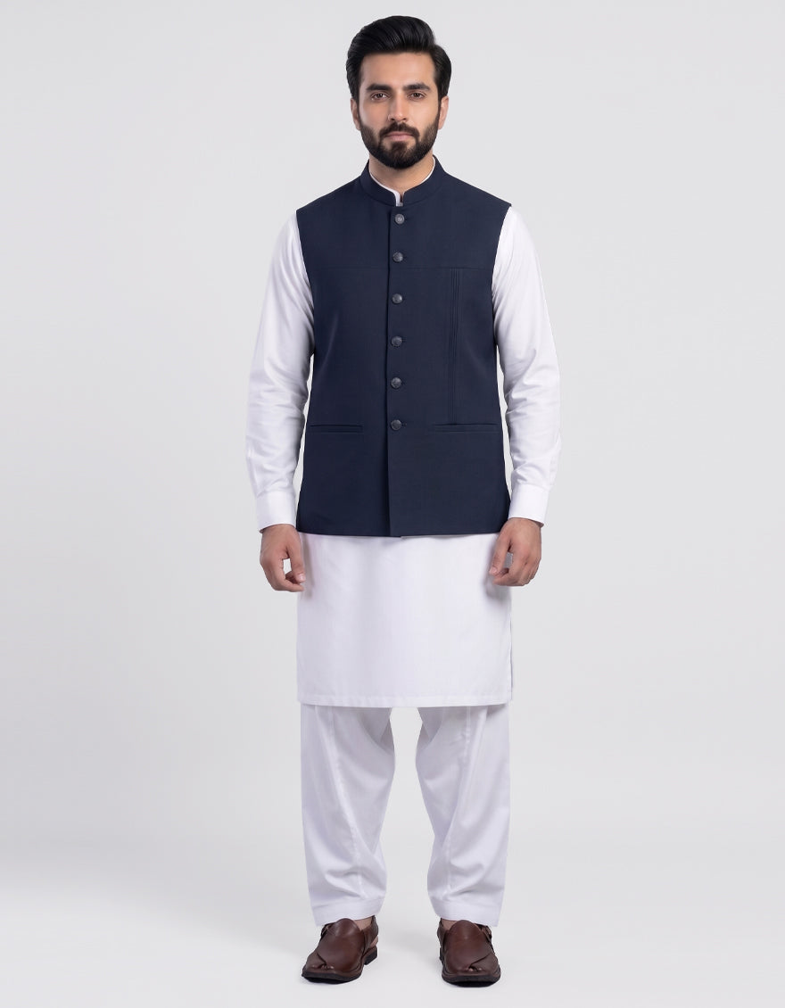 Blended Navy Blue Waist Coat - J. Junaid Jamshed