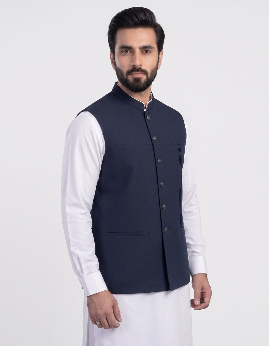 Blended Navy Blue Waist Coat - J. Junaid Jamshed