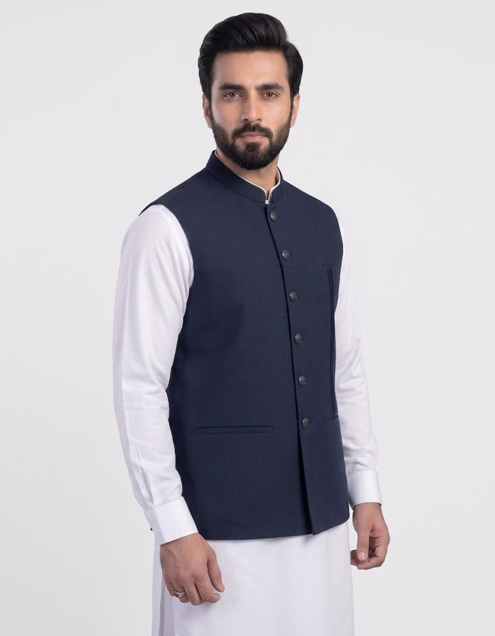 Blended Navy Blue Waist Coat - J. Junaid Jamshed