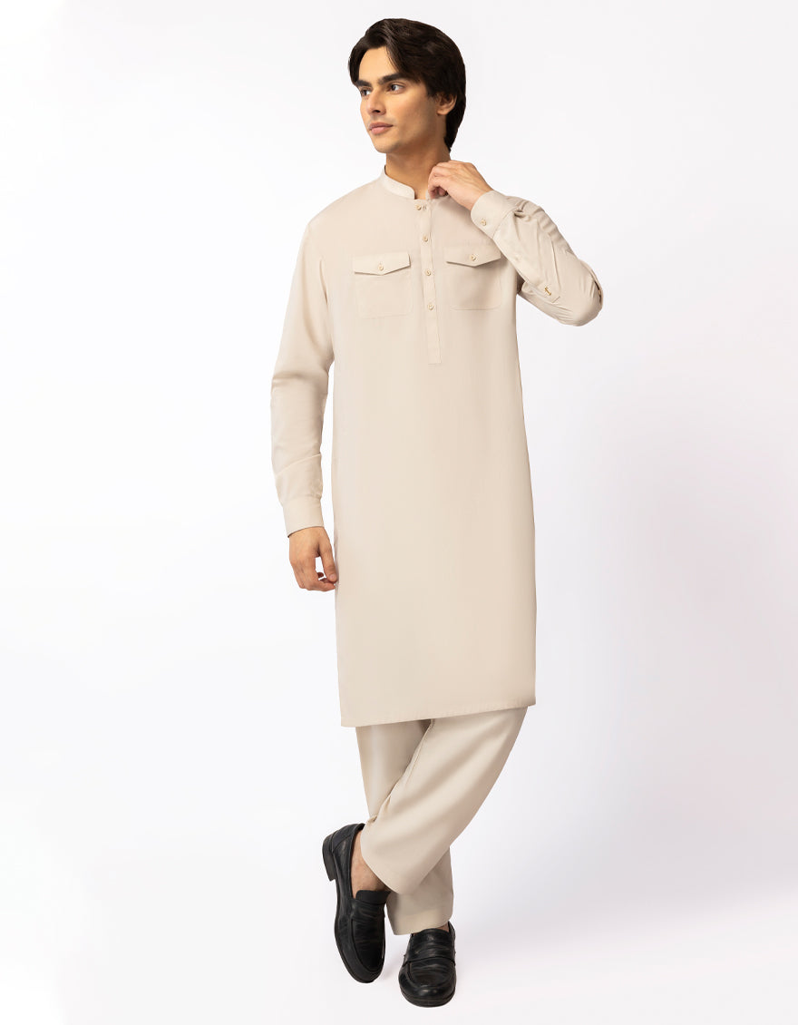 Blended Light Beige Kurta Trouser - J. Junaid Jamshed