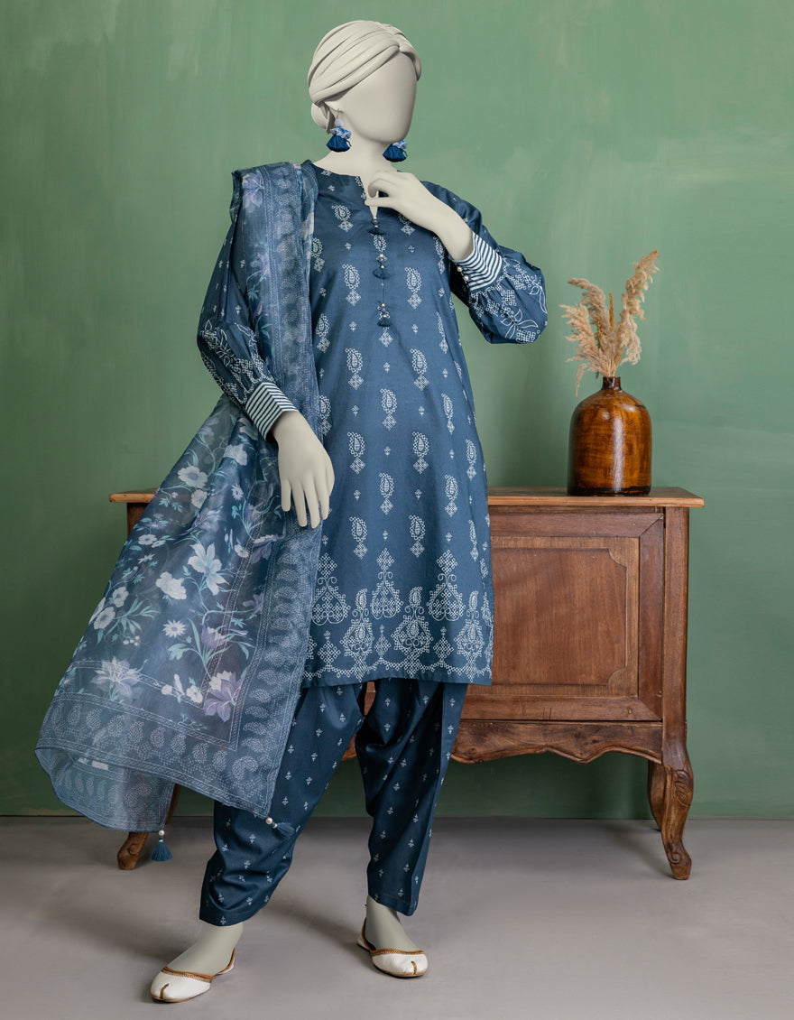 Lawn Blue Stitched Suit - J. Junaid Jamshed