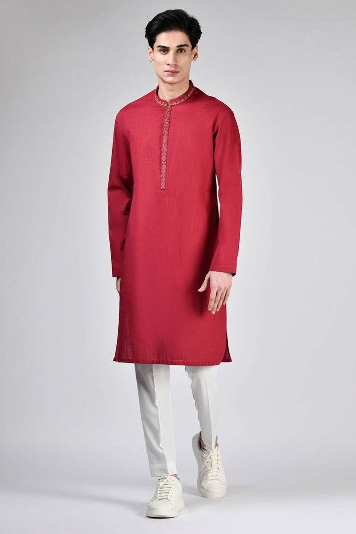 Cotton Red Kurta - J. Junaid Jamshed