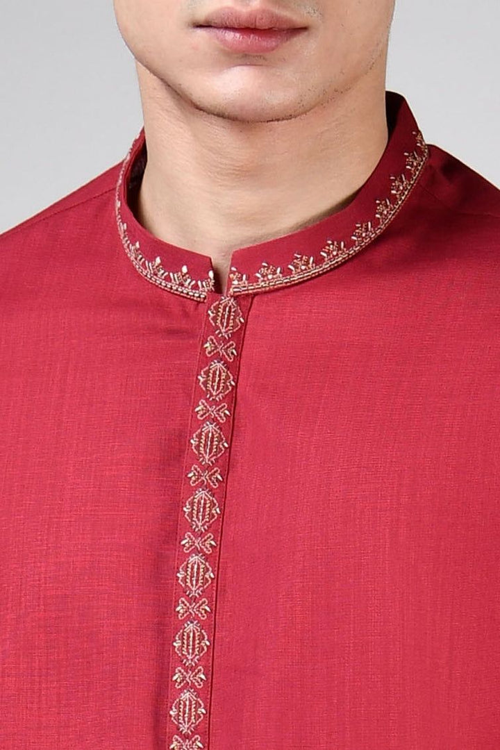 Cotton Red Kurta - J. Junaid Jamshed