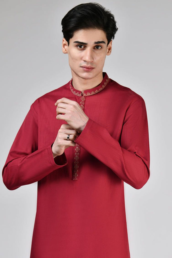 Cotton Red Kurta - J. Junaid Jamshed