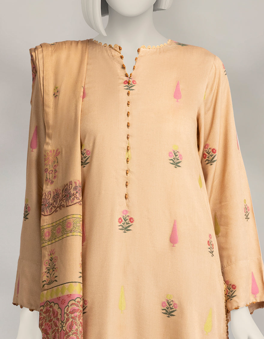 Jacquard Beige Unstitched Suit - J. Junaid Jamshed