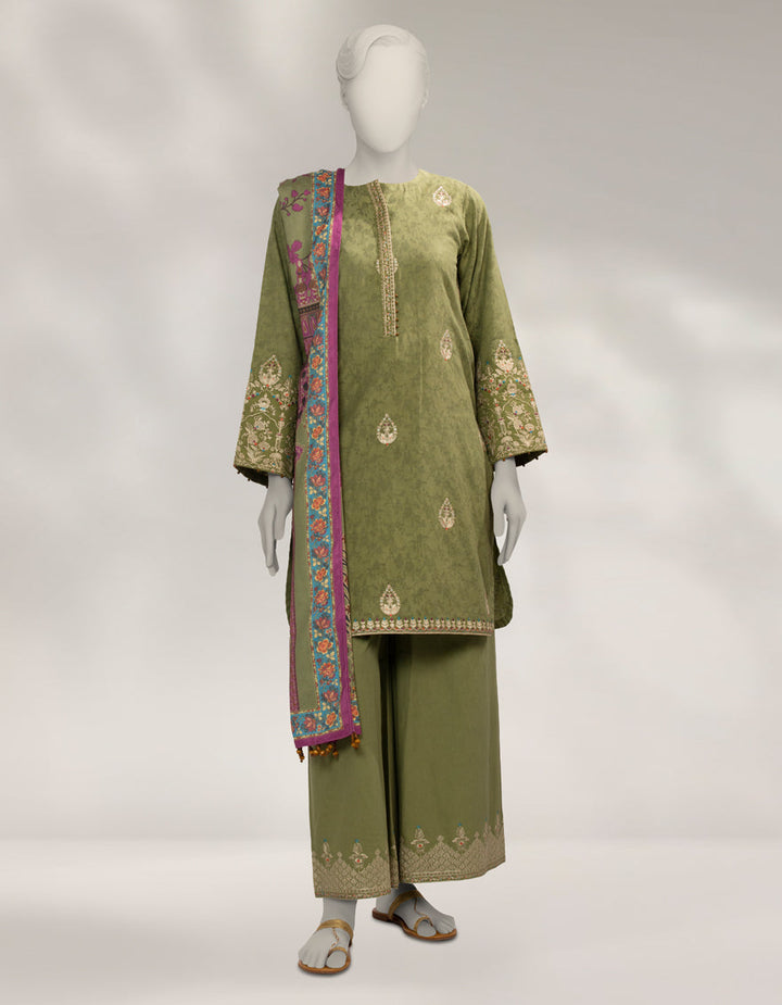 Dobby Green Unstitched Suit - J. Junaid Jamshed