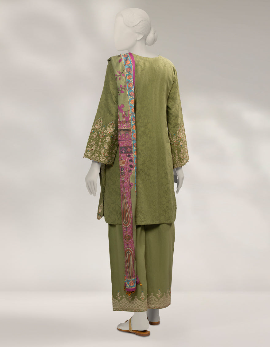 Dobby Green Unstitched Suit - J. Junaid Jamshed