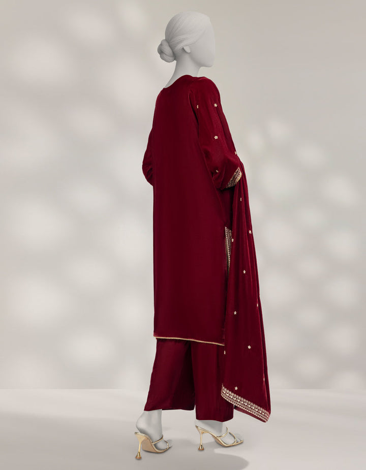 Velvet Maroon Unstitched Suit - J. Junaid Jamshed