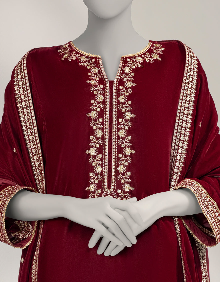 Velvet Maroon Unstitched Suit - J. Junaid Jamshed