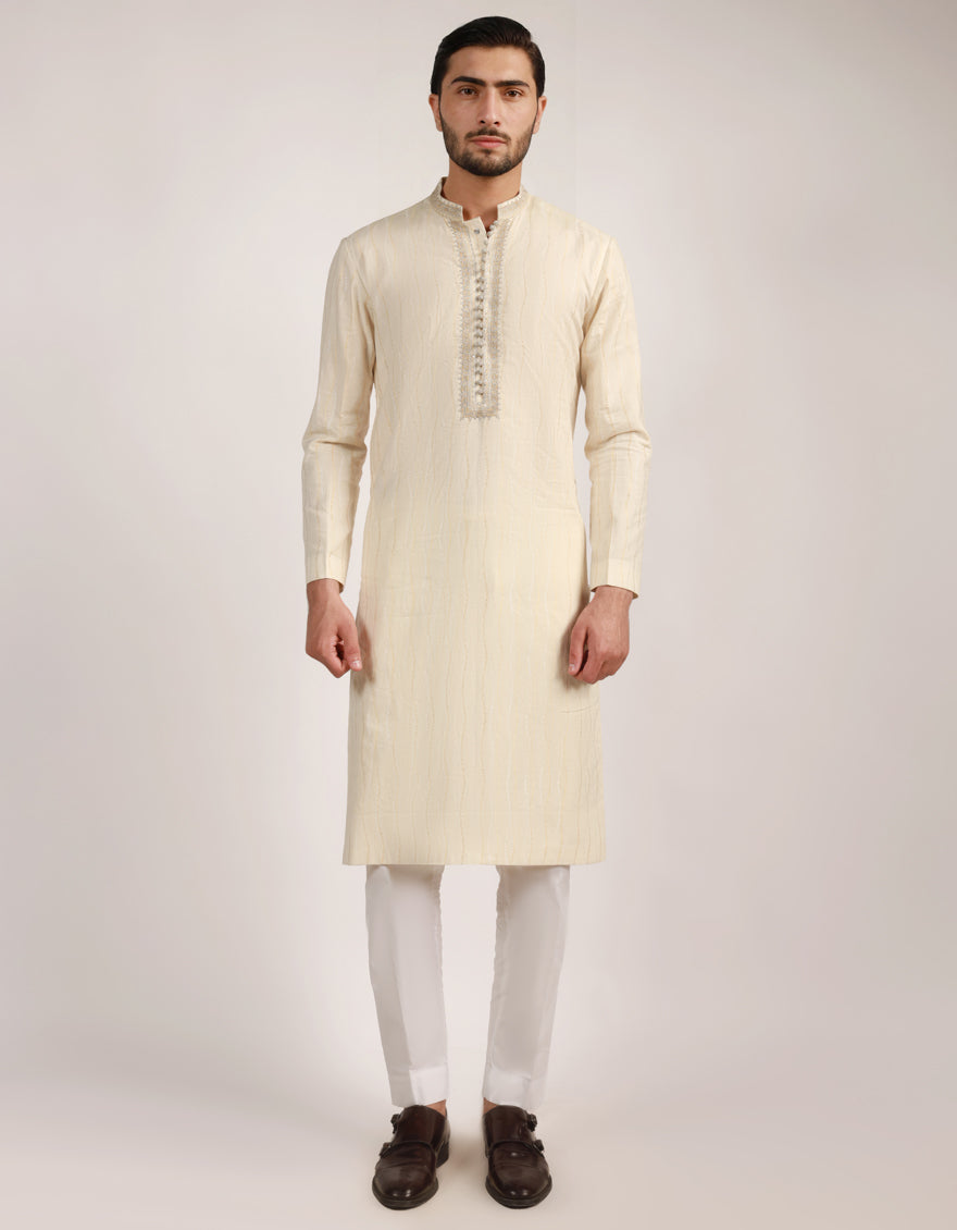 Polyester Cream Special Kurta - J. Junaid Jamshed