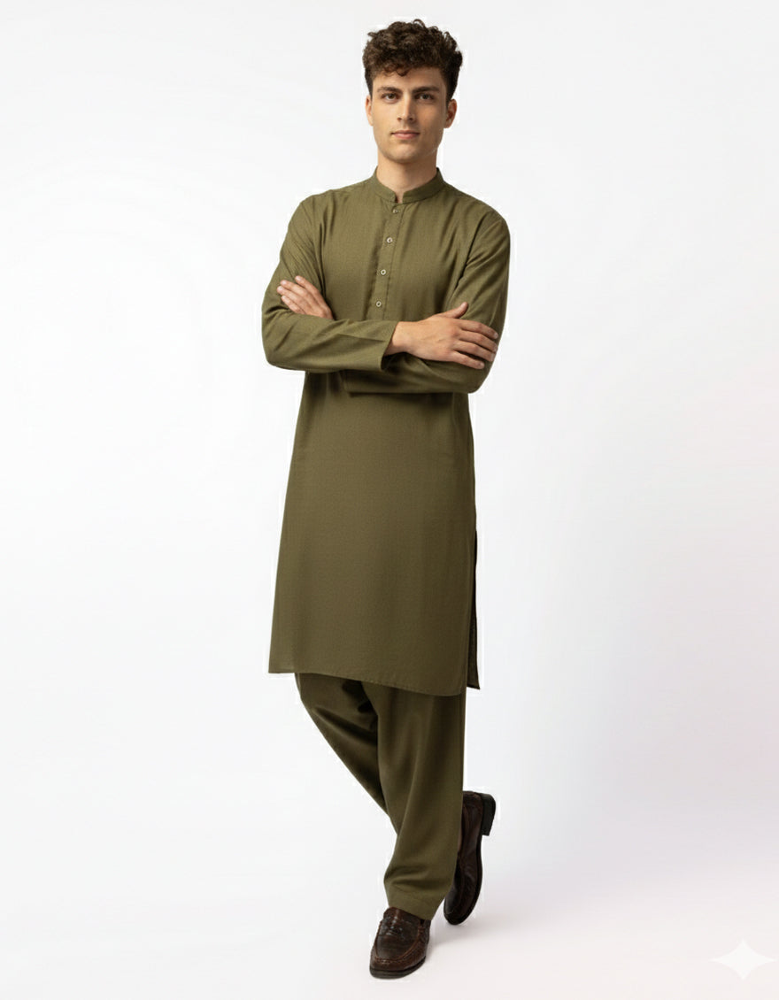 Blended Mehndi Green Shalwar Kameez - J. Junaid Jamshed