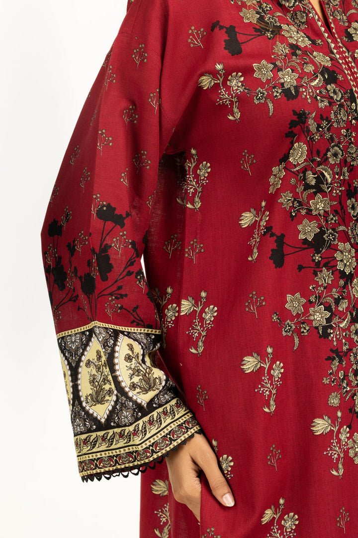 Khaddar Printed Maroon Stitched Suit - Gul Ahmed