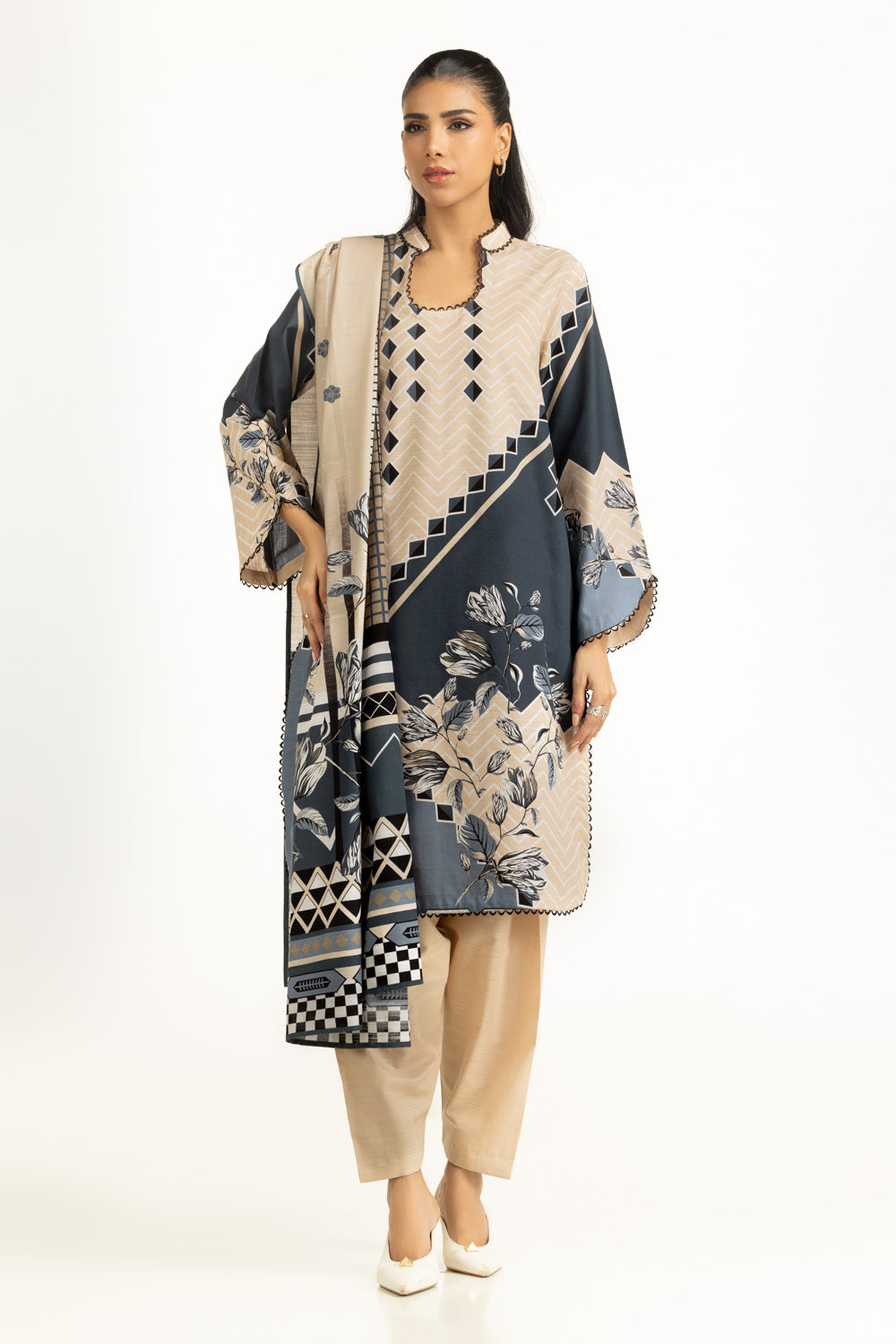 Khaddar Printed Beige Stitched Suit - Gul Ahmed