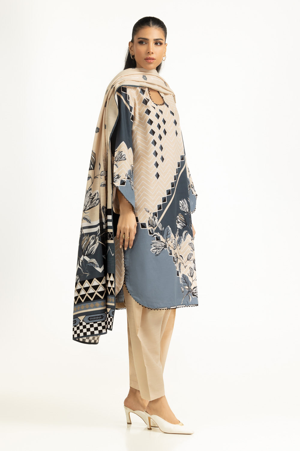 Khaddar Printed Beige Stitched Suit - Gul Ahmed