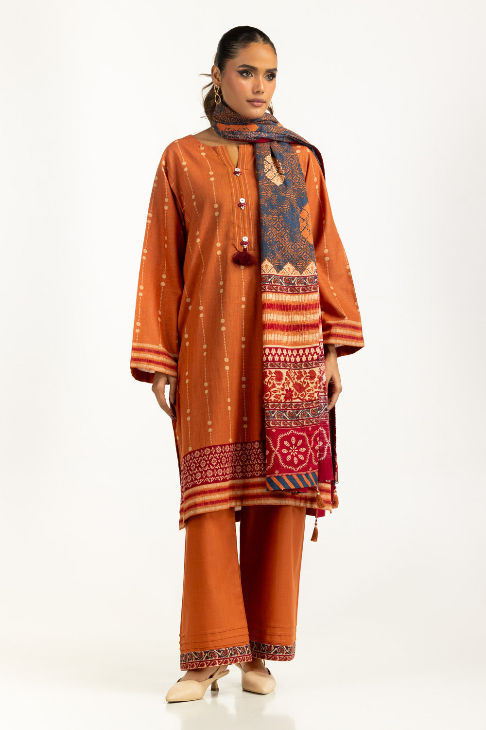 Khaddar Printed Mustard Stitched Suit - Gul Ahmed