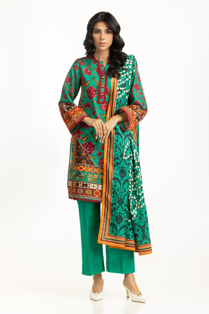 Khaddar Printed Green Stitched Suit - Gul Ahmed