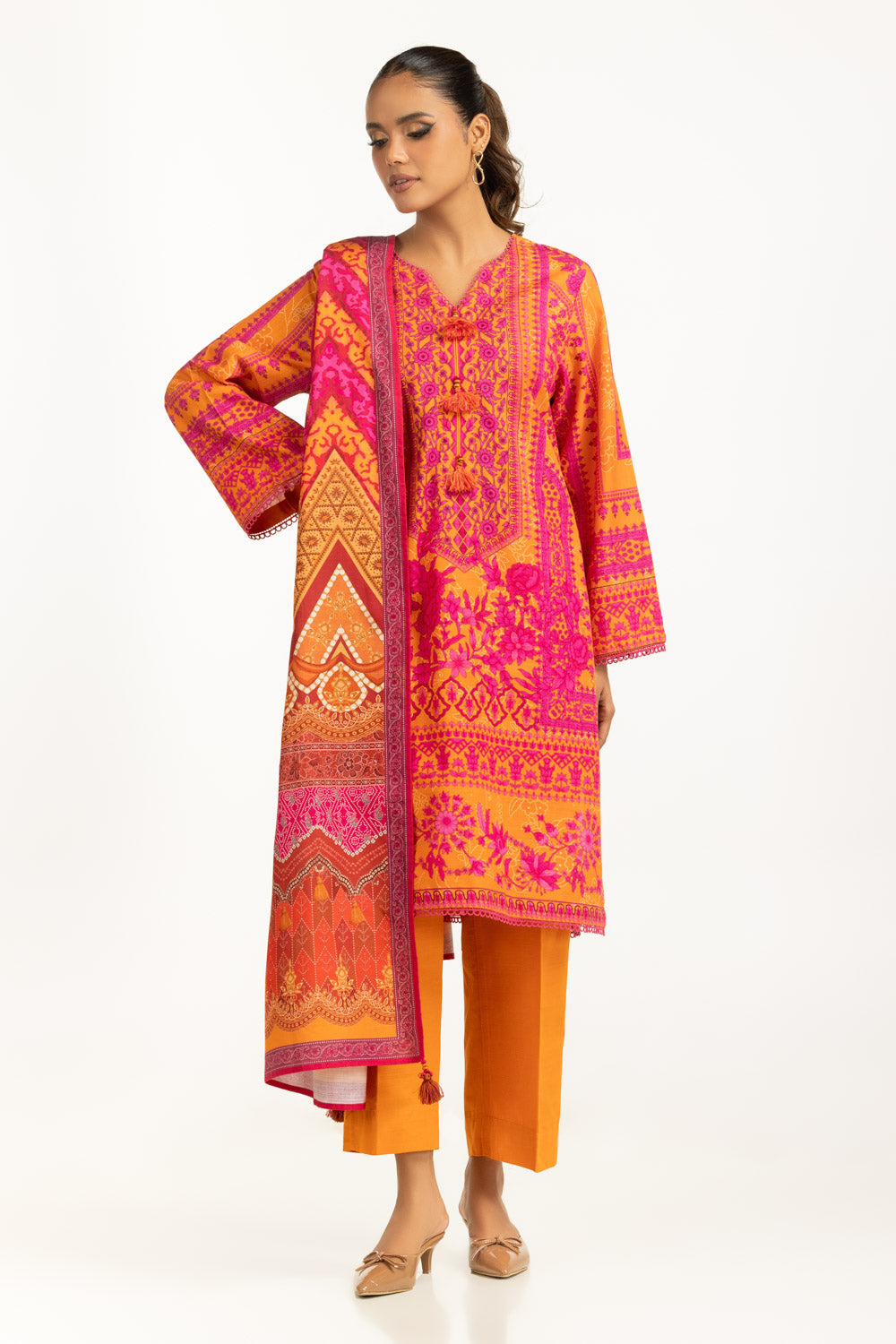 Khaddar Printed Orange Stitched Suit - Gul Ahmed