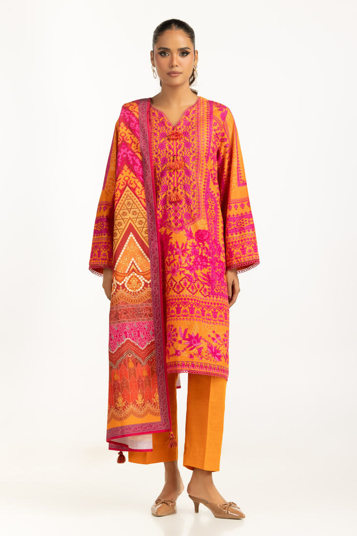 Khaddar Printed Orange Stitched Suit - Gul Ahmed