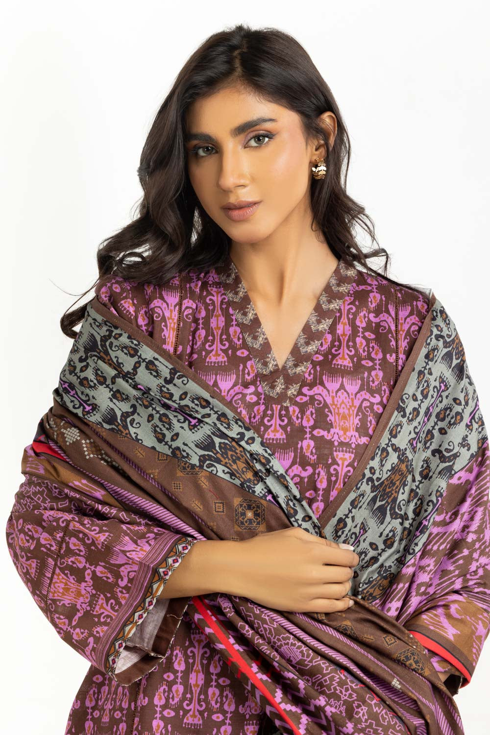 Khaddar Printed Brown Stitched Suit - Gul Ahmed