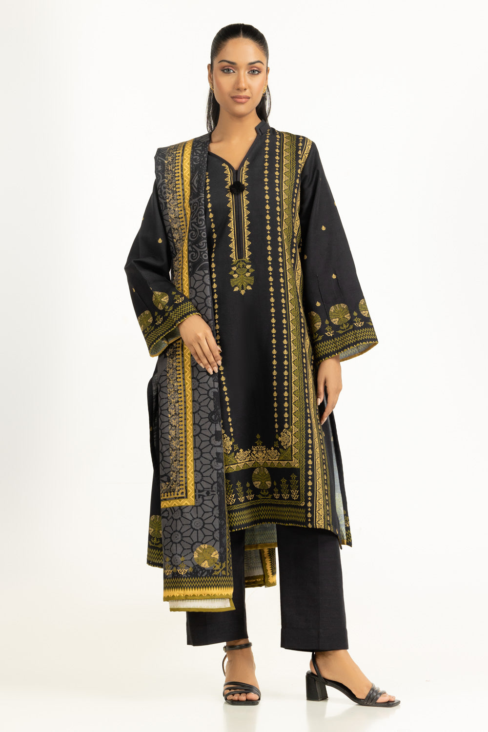 Khaddar Printed Black Stitched Suit - Gul Ahmed