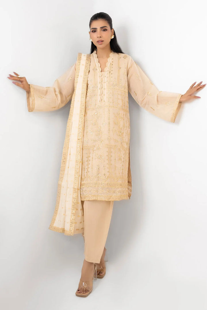 Embroidered Mehsuri Beige Stitched Suit - Gul Ahmed