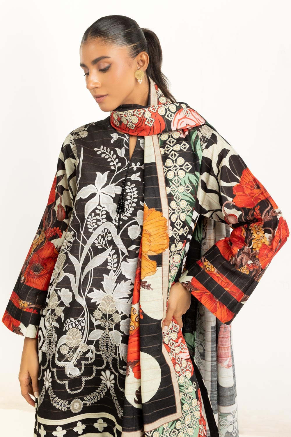 Khaddar Printed Black Stitched Suit - Gul Ahmed