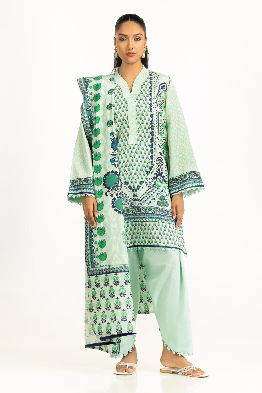 Viscose Khaddar Printed Light Green Stitched Suit - Gul Ahmed