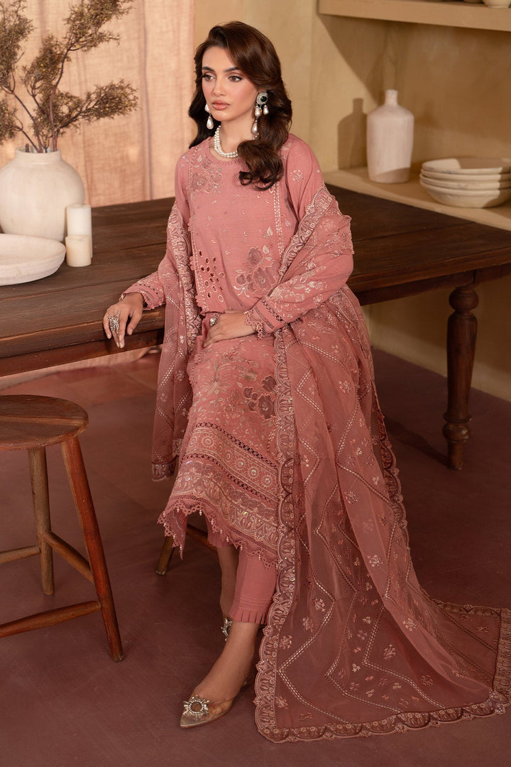 Embroidered Laser Cut Karandi Peach Stitched Suit - Nureh