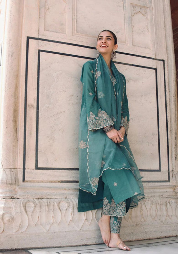 Embroidered Viscose Chanderi  Pine Green Stitched Suit - Indya