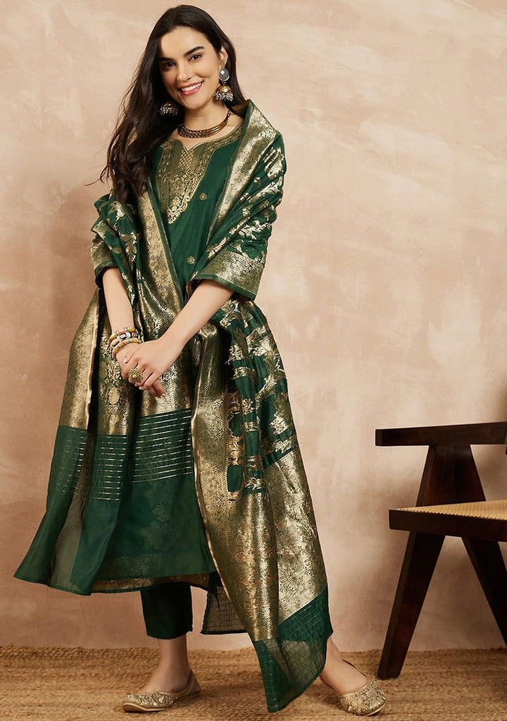 Woven Chanderi Green Stitched Suit - Indya
