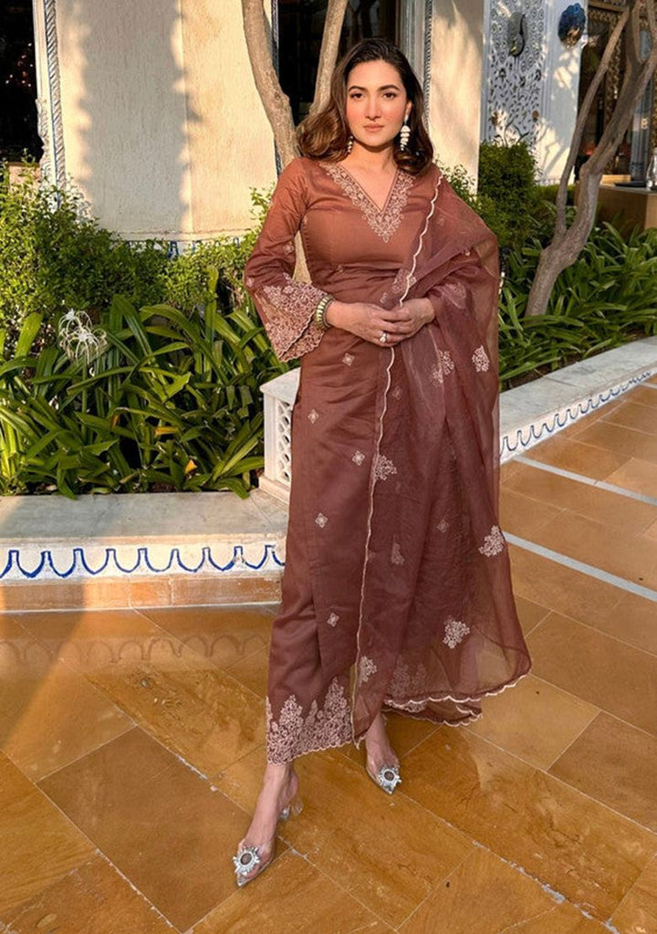 Embroidered Viscose Silk  Brown Stitched Suit - Indya