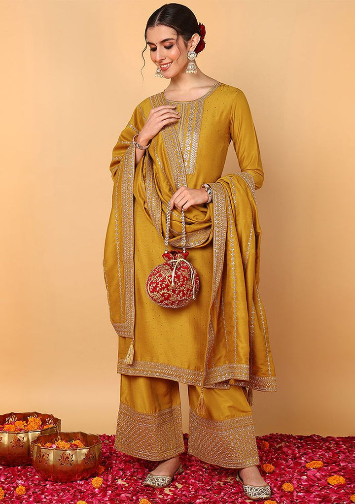 Embroidered Silk Mustard Stitched Suit - Indya