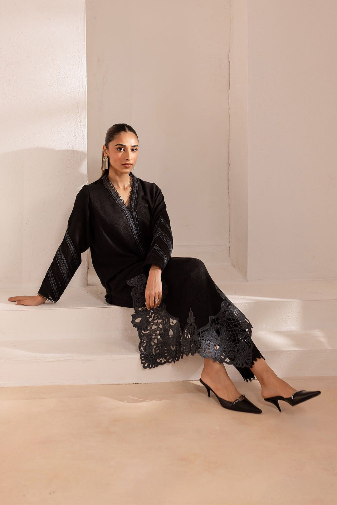 Leather Peach Black Stitched Suit - Nureh