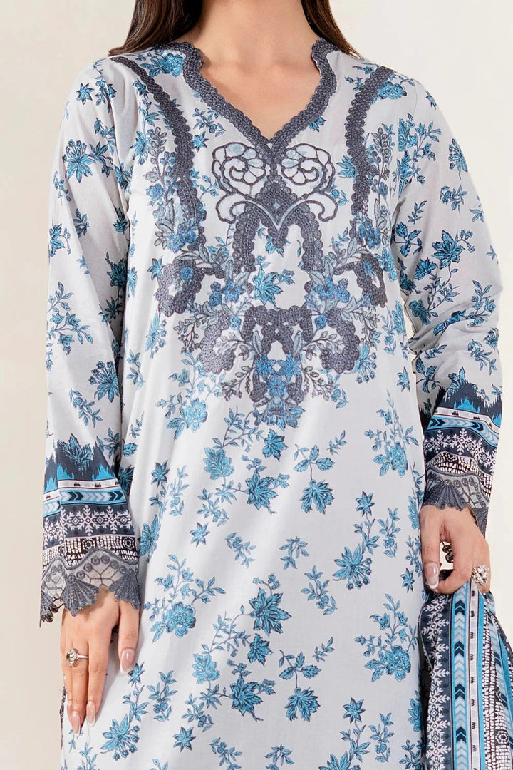 Embroidered Lawn Grey Blue Mix Stitched Suit - Khas