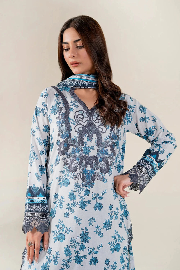 Embroidered Lawn Grey Blue Mix Stitched Suit - Khas