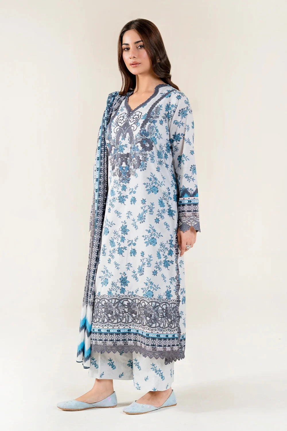 Embroidered Lawn Grey Blue Mix Stitched Suit - Khas