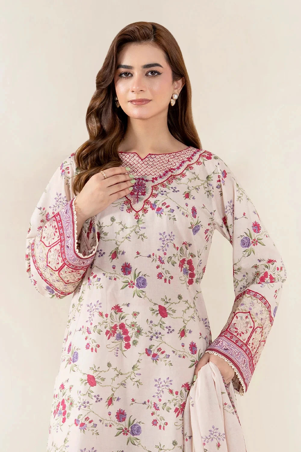 Embroidered Lawn Floral Ivory Stitched Suit - Khas