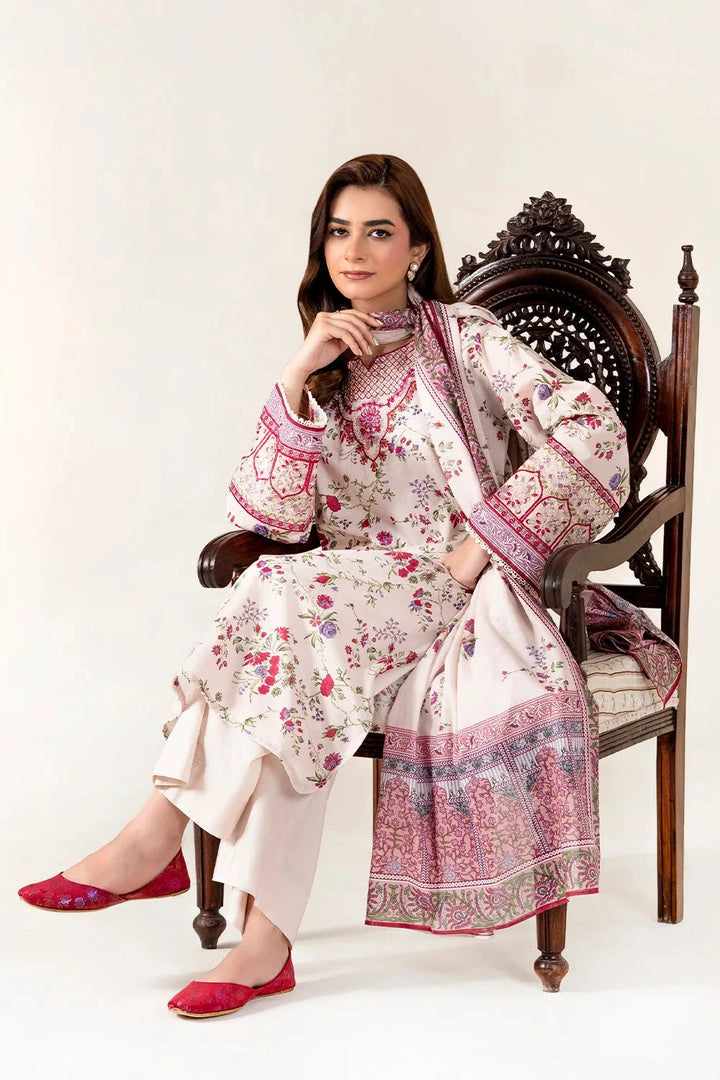Embroidered Lawn Floral Ivory Stitched Suit - Khas