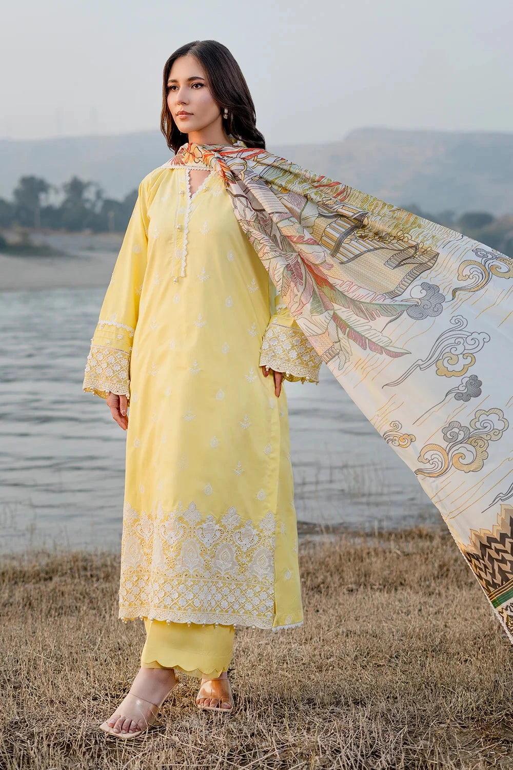 Embroidered Lawn Lime Yellow Stitched Suit - Khas