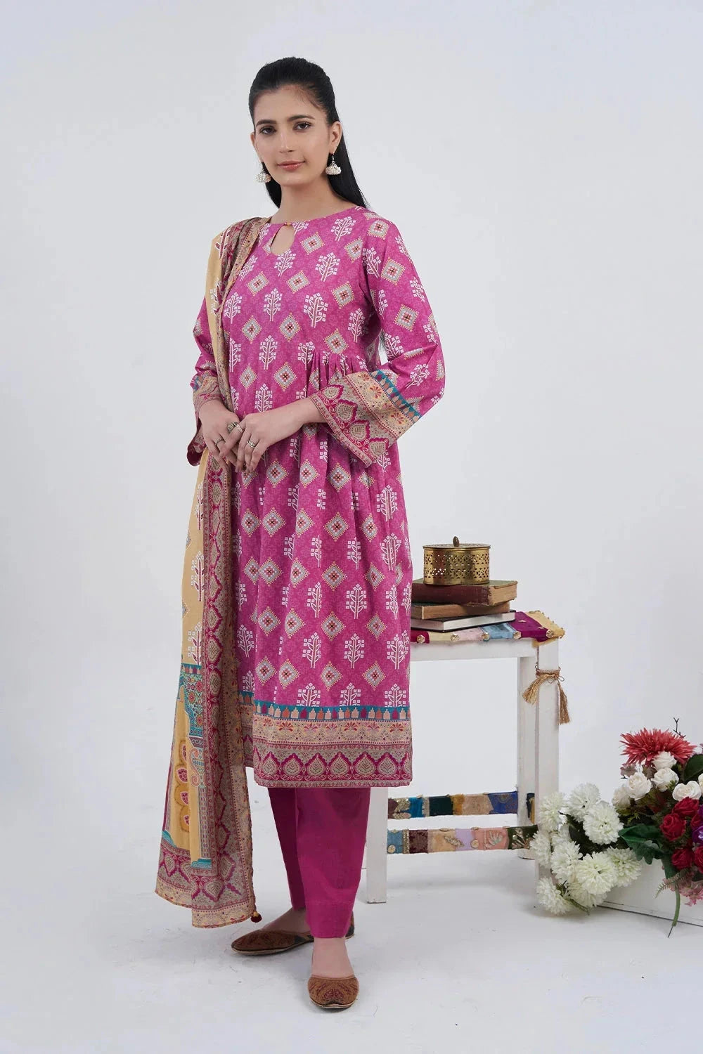 Printed Linen Pink Stitched Suit - Khas