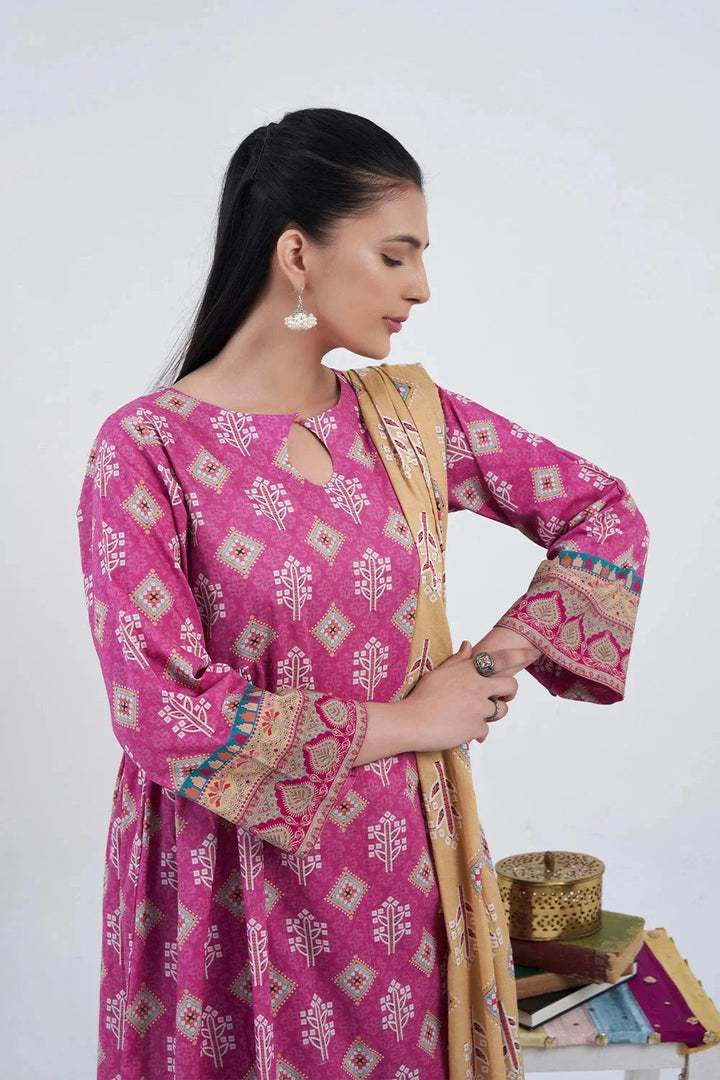 Printed Linen Pink Stitched Suit - Khas