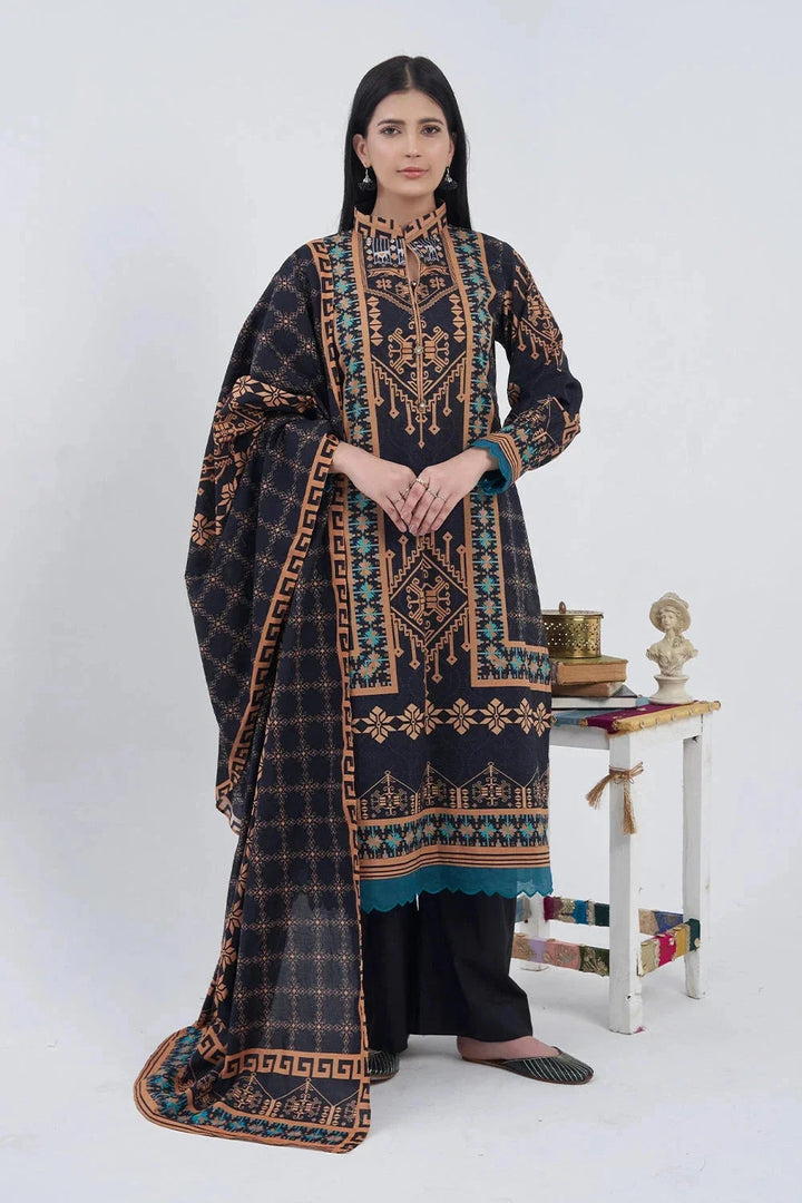 Printed Linen Black Stitched Suit - Khas