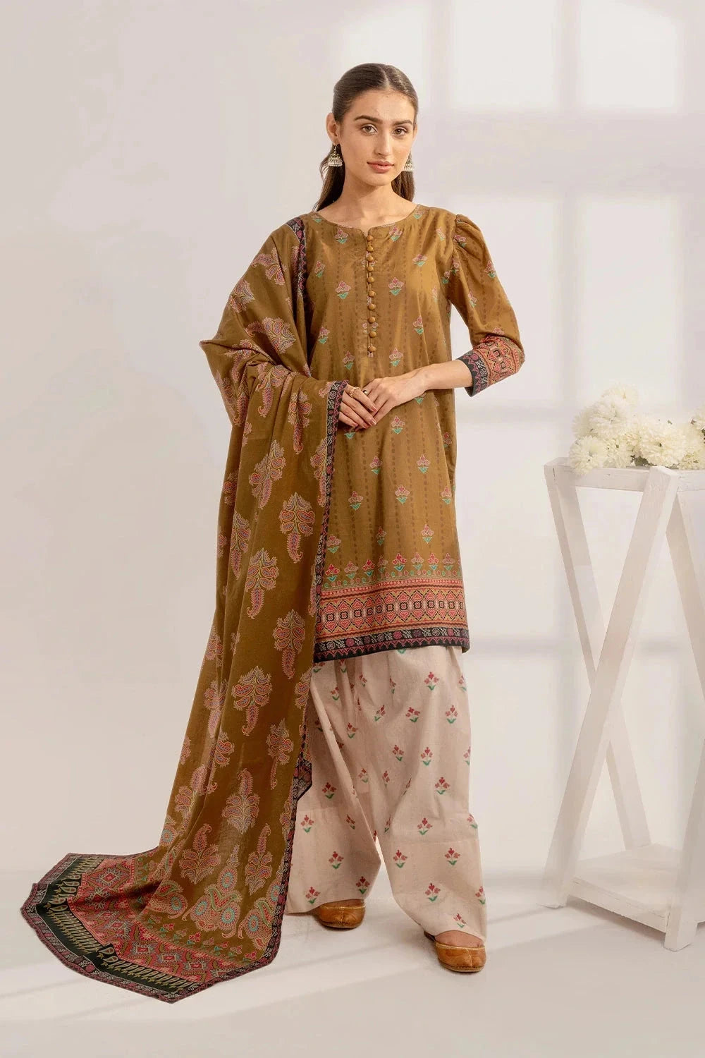Printed Linen Almond Stitched Suit - Khas