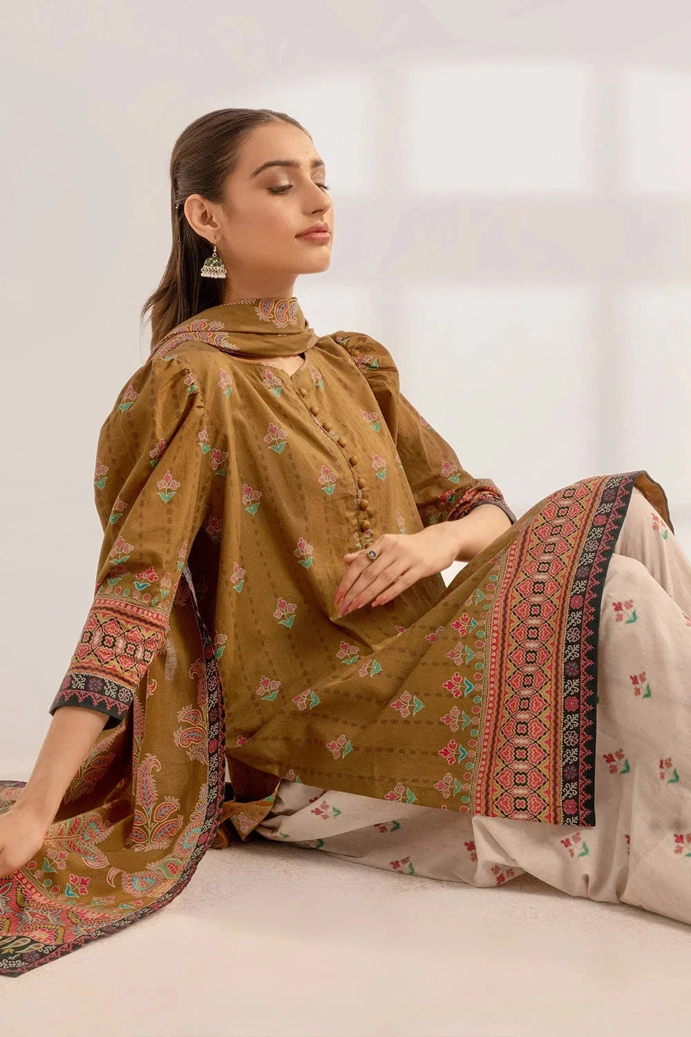 Printed Linen Almond Stitched Suit - Khas