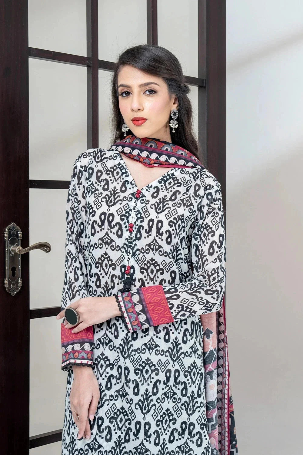 Printed Linen White & Black Stitched Suit - Khas
